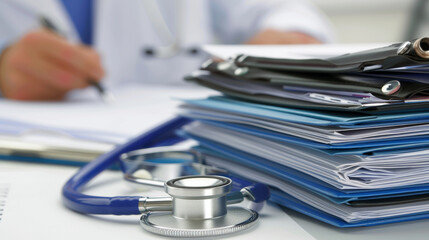 Medical Professional with Stethoscope Over Pile of Healthcare Documents