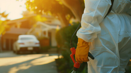 Person in Protective Clothing Operating a Pest Control Sprayer Outdoors