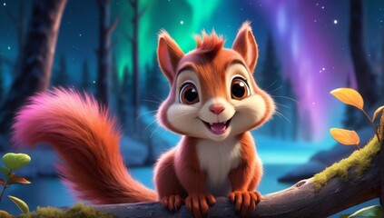 Super Cute Baby in Night Sky Adventure, Cute baby squirrel in the tree with a smiling face, Cute baby animals for kid's room wall art decorations, Cute beautiful baby animals wallpapers