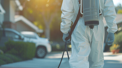 Person in Protective Clothing Operating a Pest Control Sprayer Outdoors - obrazy, fototapety, plakaty