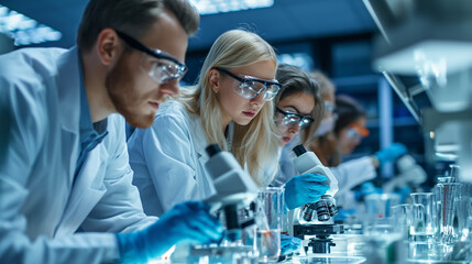 Medical Team Conducting Scientific Research in a Laboratory with a Female Scientist Using a Microscope