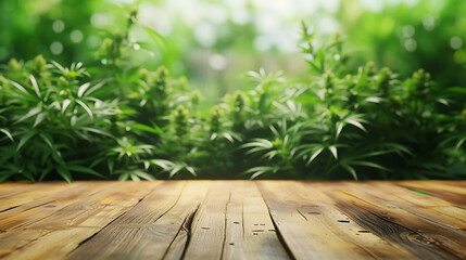 Obraz premium Perfekte Kulisse: Holztisch vor Cannabis-Pflanzen für Produktpräsentationen
