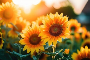 Sunset Embrace: A Lush Field of Sunflowers Under Golden Skies - Generative AI