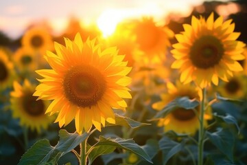 Fototapeta premium Sunset Embrace: A Lush Field of Sunflowers Under Golden Skies - Generative AI