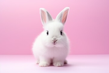 Obraz premium Fluffy White Rabbit Elegance on Soft Pink Background - Generative AI