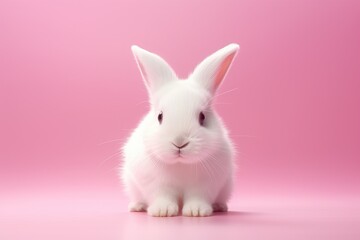 Fluffy White Rabbit Elegance on Soft Pink Background - Generative AI