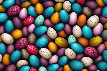 Fototapeta na wymiar Assorted Hand-Painted Easter Eggs on Dark Background - Generative AI