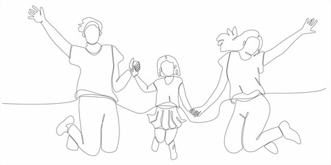 continuous line drawing portrait of a happy family celebrating by jumping together vector illustration