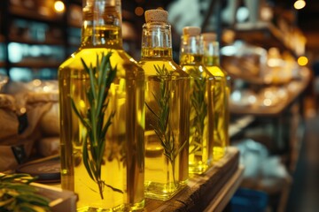 Natural food, Mediterranean diet and healthy eating concept - Bottles of organic extra virgin olive oil in Italian restaurant
