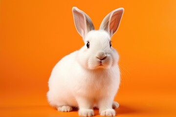 Fototapeta na wymiar Charming White Rabbit Poses on Vibrant Orange Background - Generative AI