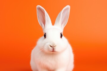 Fototapeta na wymiar Charming White Rabbit Poses on Vibrant Orange Background - Generative AI