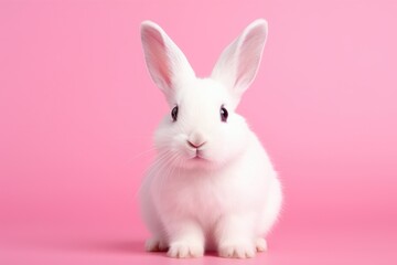 Obraz premium Adorable White Rabbit with Soft Fluffy Fur on Pink Canvas - Generative AI