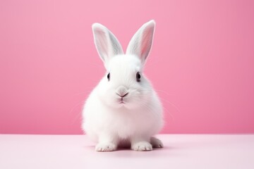 Adorable White Rabbit with Soft Fluffy Fur on Pink Canvas - Generative AI