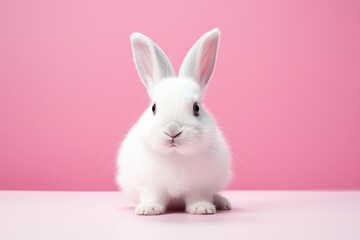 Fototapeta premium Adorable White Rabbit with Soft Fluffy Fur on Pink Canvas - Generative AI