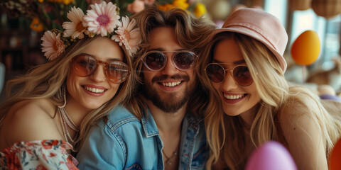 Happy easter!  Fashionable friends enjoying Easter festivities with floral and chic accessories - obrazy, fototapety, plakaty