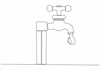 continuous line drawing of water faucet with water drops vector illustration
