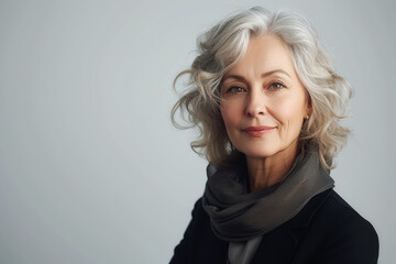 An older woman with white hair and a colorful scarf.