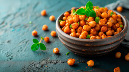 Spicy roasted chickpeas in bowl garnished with fresh parsley, a healthy and flavorful snack.
