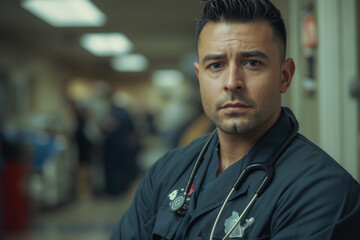 Obraz premium A nurse with a stethoscope around his neck wearing a uniform. He has a serious expression and his arms are crossed in front of him.