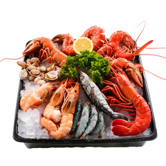Freshly caught seafood on ice at a market isolated on white background, detailed, png
