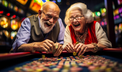 Exuberant elderly couple winning at the casino with a pile of chips, expressing joy and excitement surrounded by vibrant slot machines