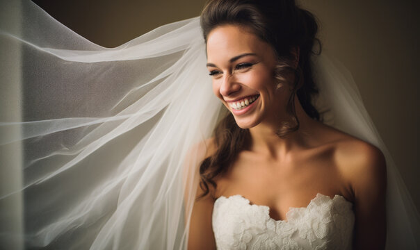 Radiant Bride in Elegant Gown Laughing, Vintage Style Bridal Portrait with Flowing Veil, Timeless Wedding Day Happiness - Powered by Adobe
