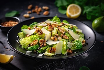 Grilled chicken caesar salad served on a white plate with balsamic glaze.