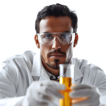 A scientist examining a test tube in a renewable energy lab isolated on white background, hyperrealism, png
