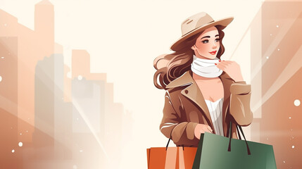 An illustration of a young fashionable lady model walking toward the camera by catwalk with a bag in hand and beautiful hat and  dress, for seasonal shopping clothing brand banner