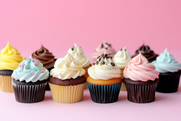 Various mini cupcakes against pink background