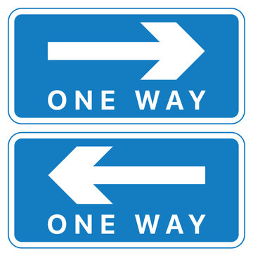 Blue one way road signs