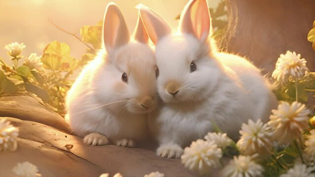 dos adorables conejos de pascua blancos tumbados sobre flores y juntando sus cabeza, sobre fondo desenfocado de un campo iluminado por rayos de sol