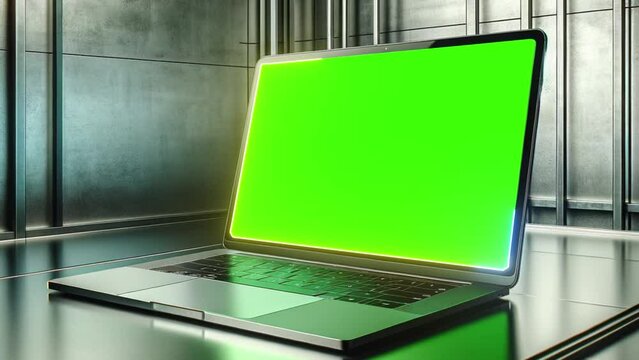 Laptop with green screen and neon frame on steel background.