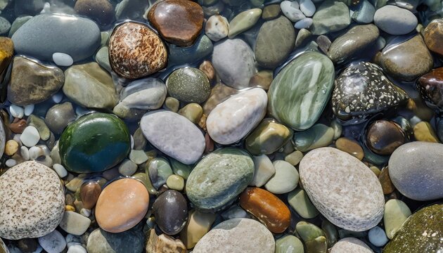 Smooth colored stones in clean water. Natural background. Flat lay