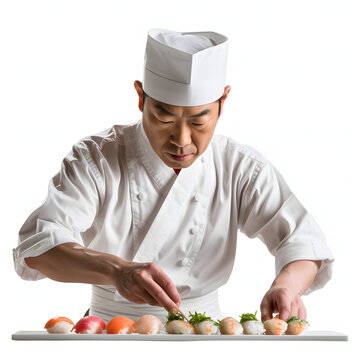 A sushi chef expertly crafting sushi rolls isolated on white background, detailed, png
