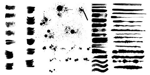 Set of paint brush stroke, ink splatter and artistic design elements. Ink splashes. Rough smears and stains. High quality manually traced. Drops blots isolated. Vector isolated elements set modern - obrazy, fototapety, plakaty