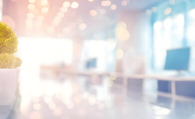 Blurred empty open space office. Abstract light bokeh at office interior.