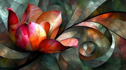 Stained glass window background with colorful Flower Tulip abstract.