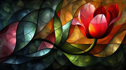 Stained glass window background with colorful Flower Tulip abstract.