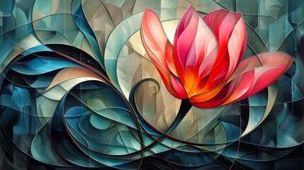 Stained glass window background with colorful Flower Tulip abstract.