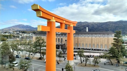 Kyoto Museum of Art can be seen beyond Heian Shrine Otorii, Kyoto, Japan