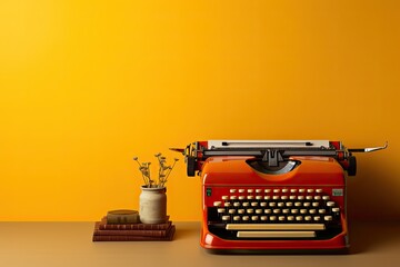 Fototapeta na wymiar Old vintage typewriter on a yellow background, Generative AI