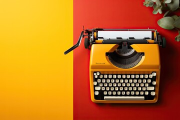 Old vintage typewriter on a red background, Generative AI