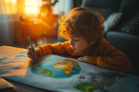 Boy painting Planet Earth with green crayon in one hand on white paper in living room, sun light from window. Represent Earth Day and environmental care. ecosystem and healthy environment