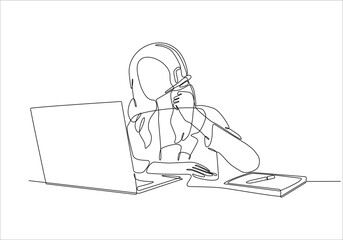 continuous line drawing professional young business woman using digital mobile phone tablet computer work and writing work plan on personal notebook isolated on white background