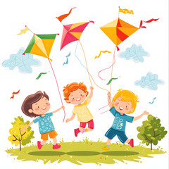 Obraz na płótnie Canvas Children flying colorful kites in a sunny park isolated on white background, simple style, png 