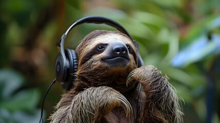 Fototapeta premium Cute sloth listening to music on headphones