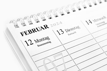 Deutscher Kalender Datum 12. Februar 2024 Rosenmontag Karneval