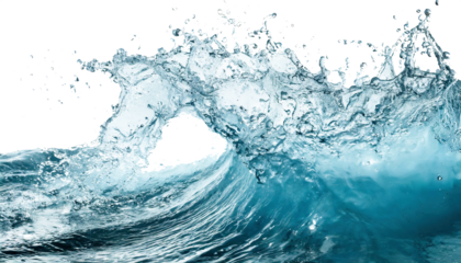 Abstract background with blue water waves, splashes and drops isolated on transparent background. 