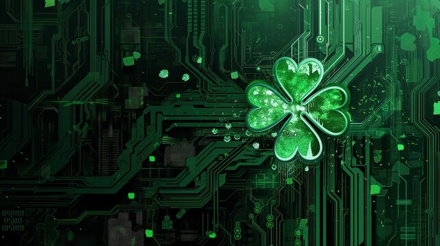 Green Clover on Computer Circuit, St Patricks Day Symbol on Technological Background